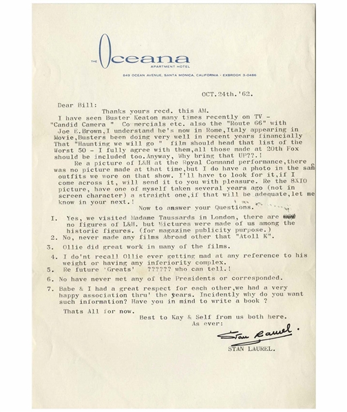 Stan Laurel Letter Signed With His Full Signature ''Stan Laurel'' -- ''...I do'nt recall Ollie ever getting mad at any reference to his weight or having any inferiority complex...''